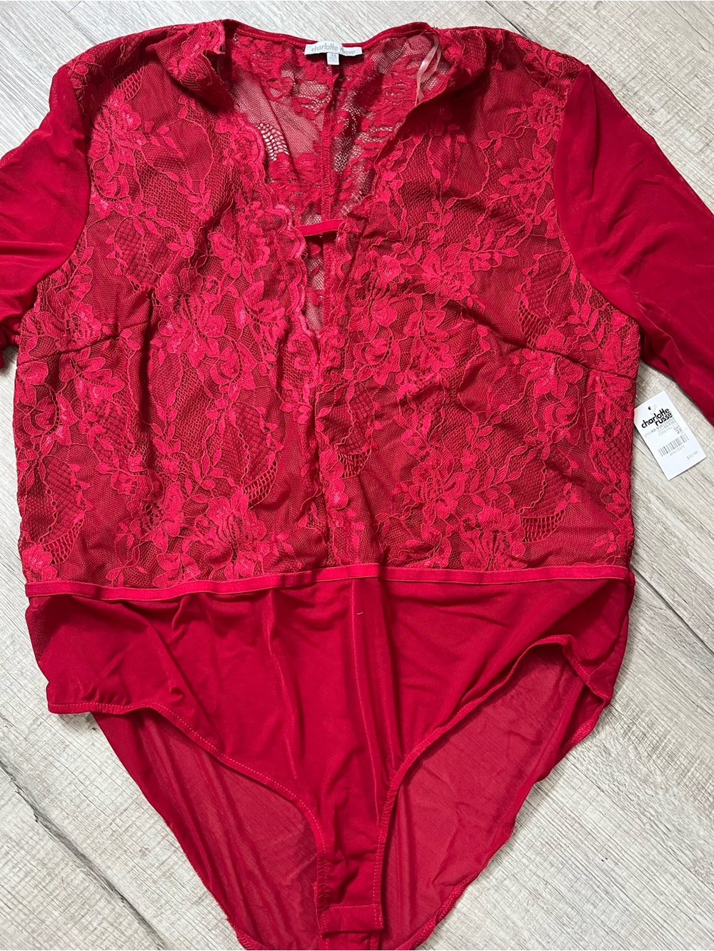 Charlotte Russe Red Lace Long-Sleeve Bodysuit